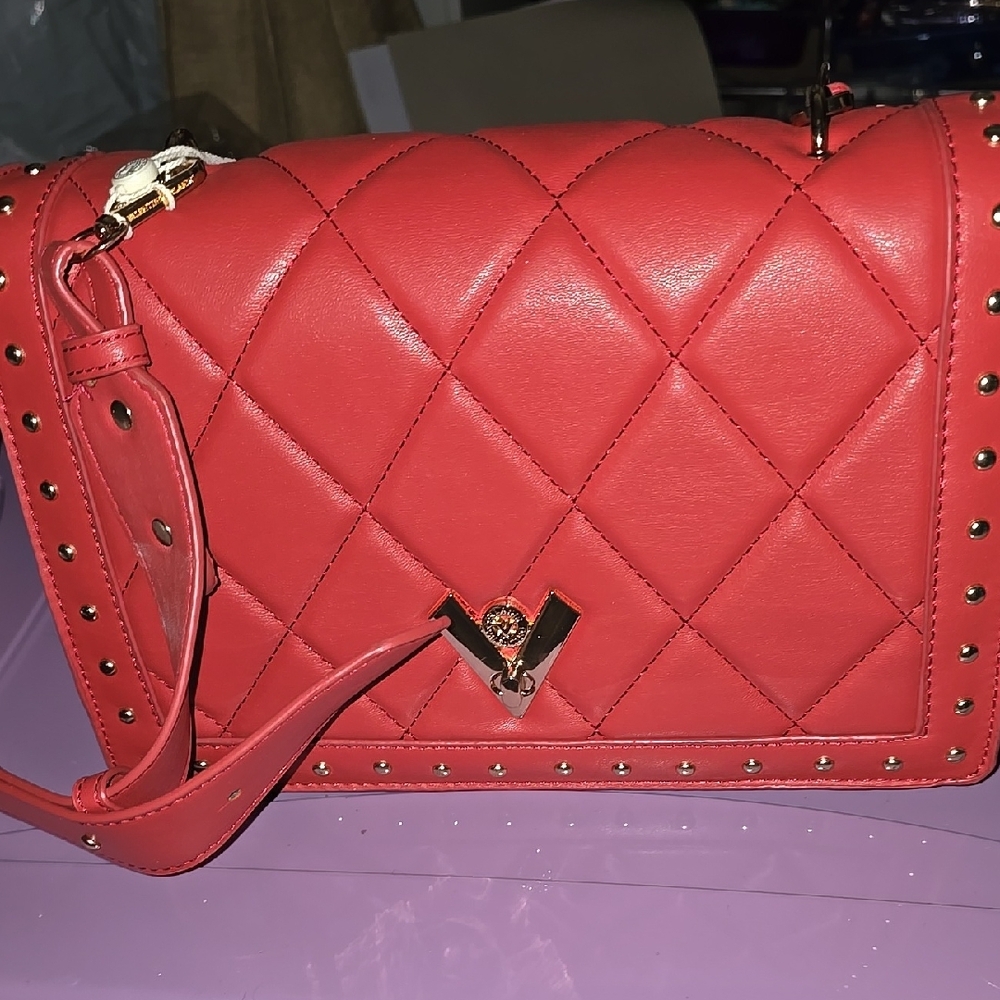 Valentino Orlandi Red Quilted Crossbody Bag with Gold Hardware